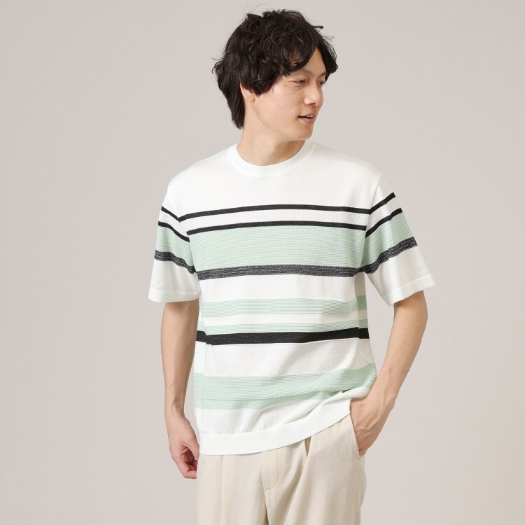タケオキクチ(TAKEO KIKUCHI)の【ニットTシャツ】麻ブレンド パネルボーダー ニット/セーター